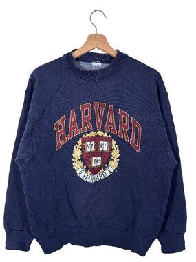 Vintage 90s Made in USA Harvard Ivy League Crest Fleece Crewneck Navy men's M